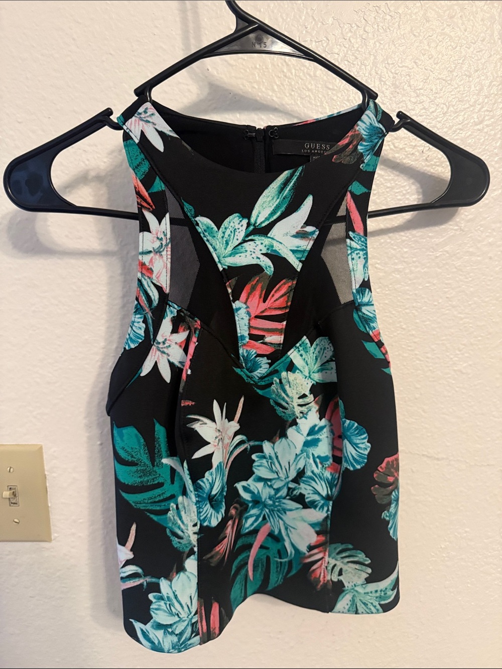 GUESS Black Tank with Teal & Coral Tropical Floral Print